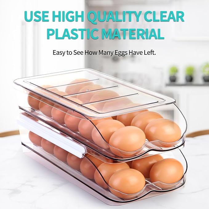 Egg Holder for Fridge, Automatically Rolling Egg Container for Refrigerator, Clear Plastic Fridge Organizers and Storage with Lid, Stackable Egg Dispenser & Tray (3 Tier)