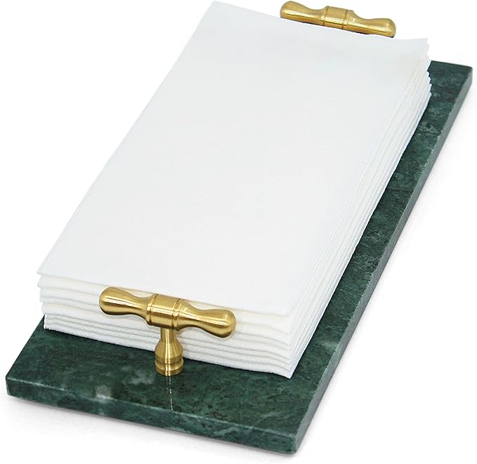 Marble Napkin Holder, Guest Towel Holder Tray, Green Marble Tray for Bathroom & Kitchen Countertop with Brass Handles, Decorative Bathroom Napkin Holder for Home Decor