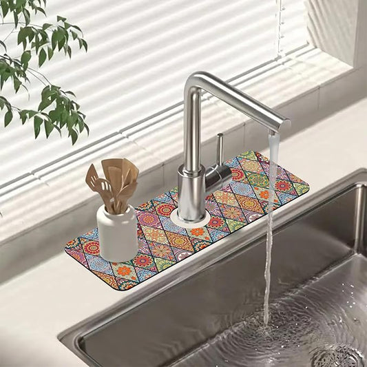 Sink Faucet Absorbing Mat Bohemian Textile Rug Texture Sink Splash Guard Drying Mat for Kitchen Bathroom Faucet Sinkmat 15.5"X5.5"