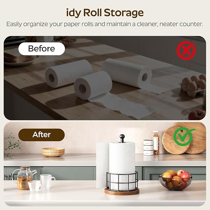 Paper Towel Holder, Kitchen Paper Towel Holder for Countertop, Paper Towel Stand with Wooden Base, Freestanding Kitchen Roll Holder, for Standard Size Rolls, Rustic Brown CJ05BR