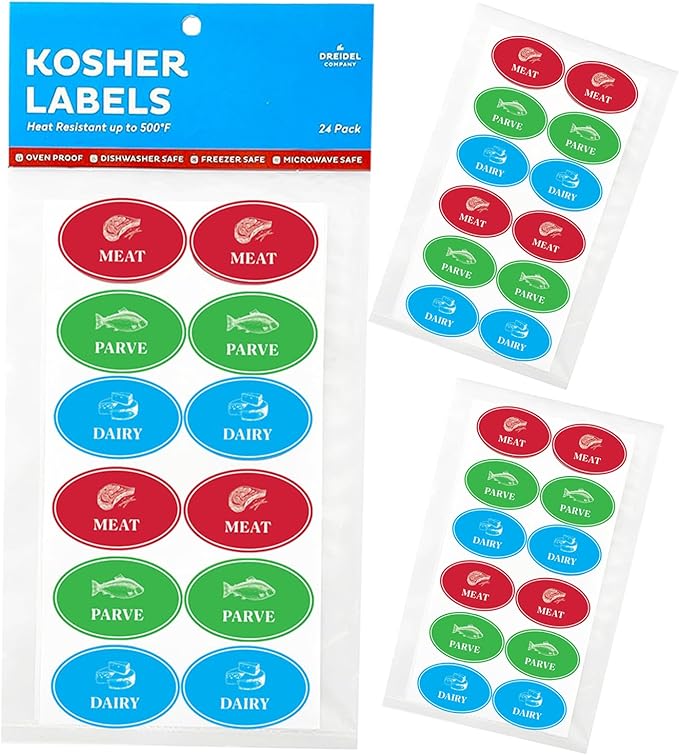 Assorted Kosher Labels, (48 Pack) 16 Blue Dairy, 16 Red Meat, 16 Green Parve Stickers, Oven Proof up to 500°, Freezable, Microwavable, Dishwasher Safe, English, Color Coded Tools (48-Pack)
