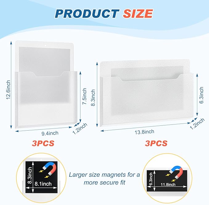 Fuutreo 6 Pcs Magnetic Wall File Organizer Magnetic Wall File Holder Refrigerator Magazine Holder for Mail Letters Paper(Clear,8.3 x 13.8 Inch, 12.2 x 9.4 Inch)