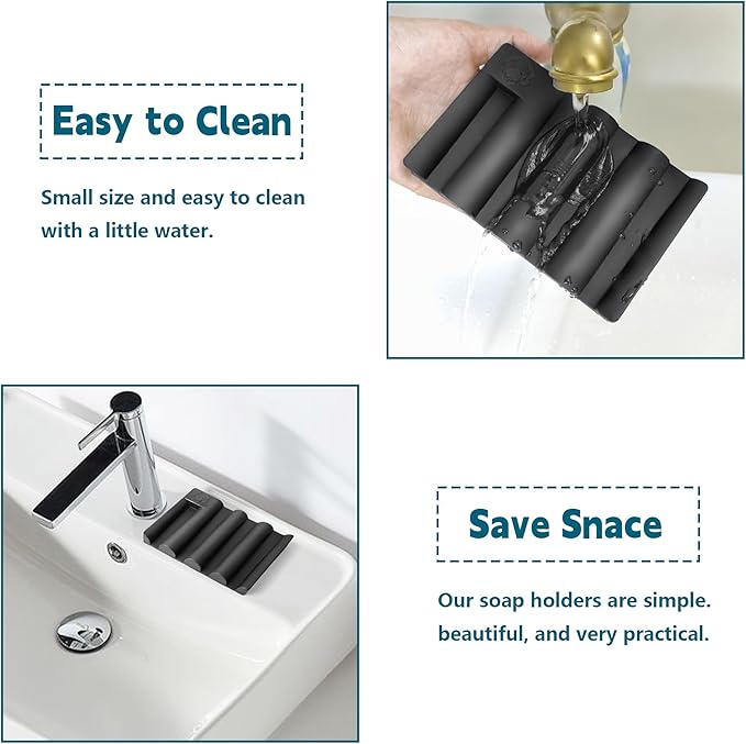 Silicone Soap Dish,Self Draining Soap Holder Perfect for Shower,Bathroom Sink,Kitchen Sink & Travel,Non-Slip Bar Soap Holder Extend Soap Life,Keep Soap Bars Dry Clean (Black-1Pcs)