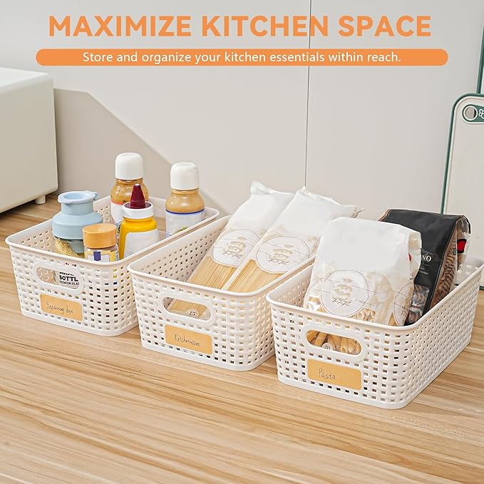 12 Pack Plastic Storage Baskets for Organizing, Storage Baskets with Handles, Plastic Storage Bins with Labels, Organizer Baskets for Kitchen, Pantry Organizers and Storage,Cabinet,Closet