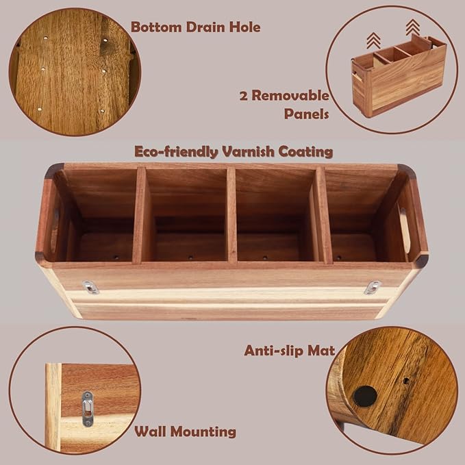 Wooden Kitchen Utensils Holder Organizer - Extra Large Wooden Utensil Holder for Counter or Countertop - Acacia Wood Container with 4 Compartments for Cooking and Silverware