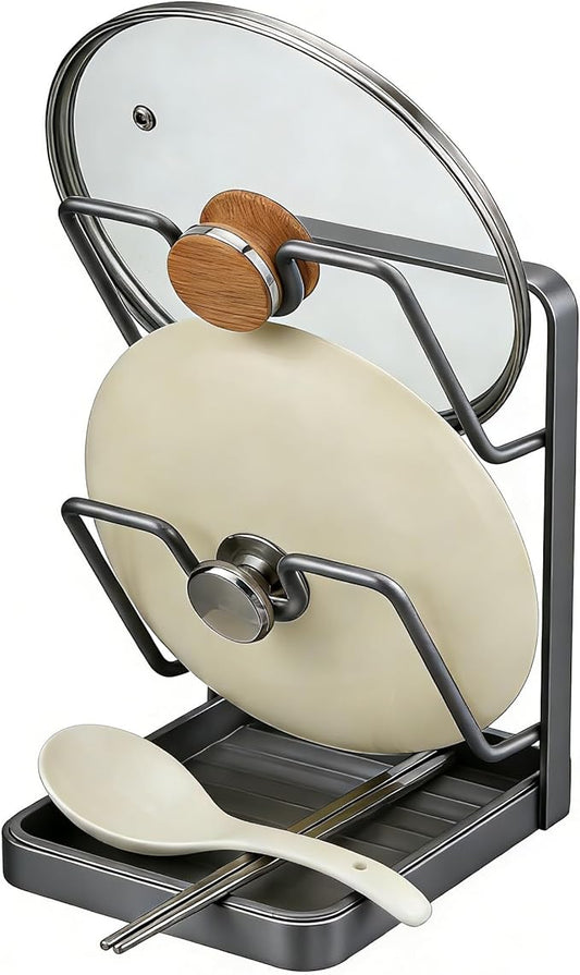 Kitchen Pot Lid Organizer Countertop - Carbon Steel Spoon Rest, Cutting Board Holder with Drip Tray, Rust-Resistant Farmhouse Storage Rack (A-Gray Double-layer)