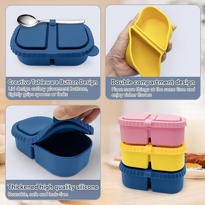 4 Pack Reusable Silicone Snack Containers with Lids, 8.5 oz- 2 Compartments, BPA-Free,Leakproof, Portable Silicone Lunch box, Snacks, Office，Picnic，Travel