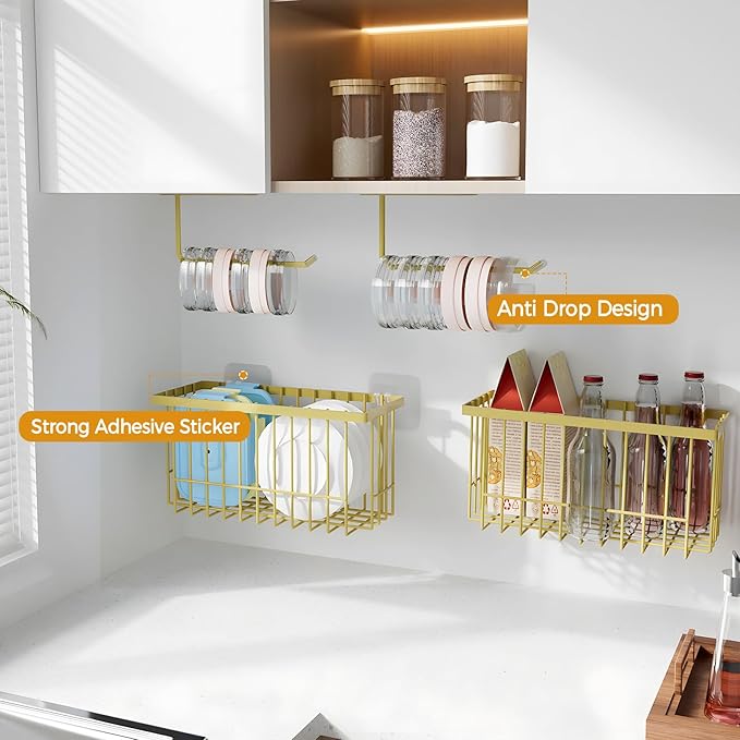 4 Pack Adhesive Cabinet Door Organizer - Tumbler Lid Organizer & Kitchen Storage baskets for Kitchen, Bathroom, Inside Cabinet Door Storage for Cup Lids, Spices, Small Supplies, Space-Saving (Gold)