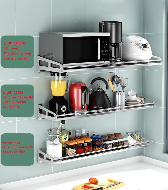 Wall Mount Metal Wall Shelf Kitchen Spice Condiment Racks 304 Stainless Steel fit Storage Rack Bedroom Bathroom Living Room Shelves (Length31.5 width5.9)