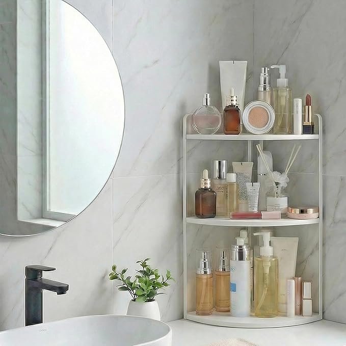 3 Tier Corner Bathroom Counter Organizer, Countertop Organizer, Vanity Organizers, Bathroom Storage Sink Shelf, Wooden Metal Counter Shelf, Perfume Organizer for Makeup Tray (Large Capacity-White)