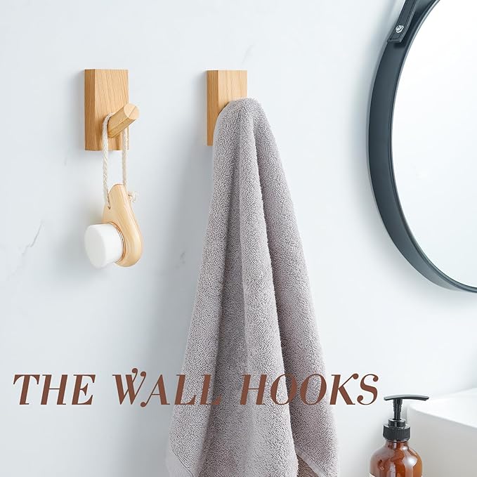 Felidio Natural Wooden Wall Hooks, Adhesive & Screw Mount Coat and Towel Hooks - Decorative Key Holder, Hat Rack, Stocking Wall Hangers for Bathroom Entryway Closet - 6 Pack, Beech Wood