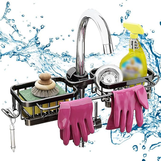 Eadwe Sink Organizer Rack for Kitchen and Bathroom, 2024 New Kitchen Sink Faucet Organizer with Drip Tray Faucet Sponge Holder (Black, Left+Right)