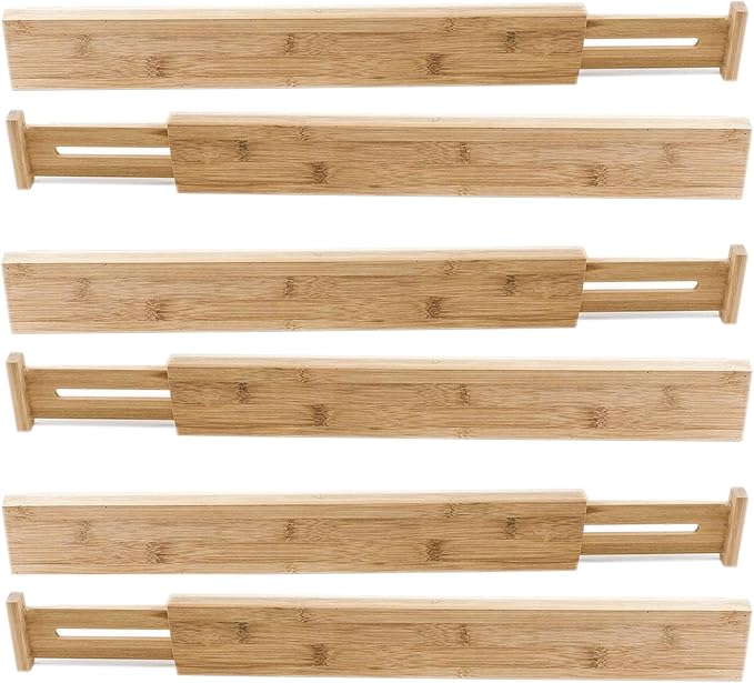 HUJI 6 PCS Bamboo Drawer Dividers Organizers For Bed Room, Bathroom, Kitchen, Garage, Great To Organize Clothes Kitchen Utensils Tools Shirts Socks Towels (3 PACK)