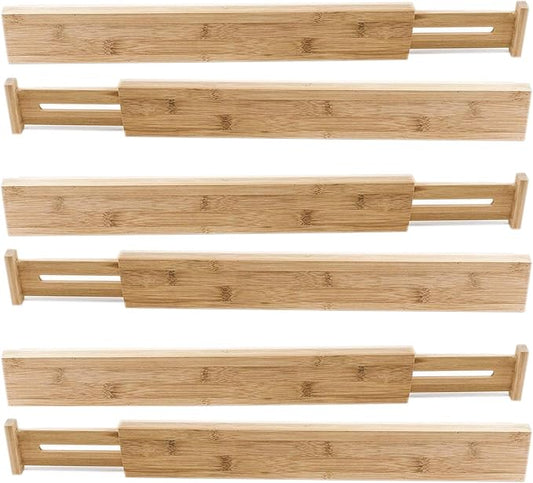 HUJI 6 PCS Bamboo Drawer Dividers Organizers For Bed Room, Bathroom, Kitchen, Garage, Great To Organize Clothes Kitchen Utensils Tools Shirts Socks Towels (3 PACK)