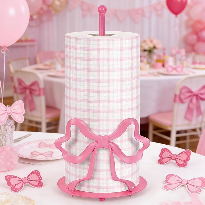Pink Bow Paper Towel Holder, Cute Paper Towel Roll Holder, 3D Printed Standing Paper Towel Holder for Kitchen Countertops Bathroom with Weighted Base, Kitchen Decor Accessories Gift (Round/Pink Bow)