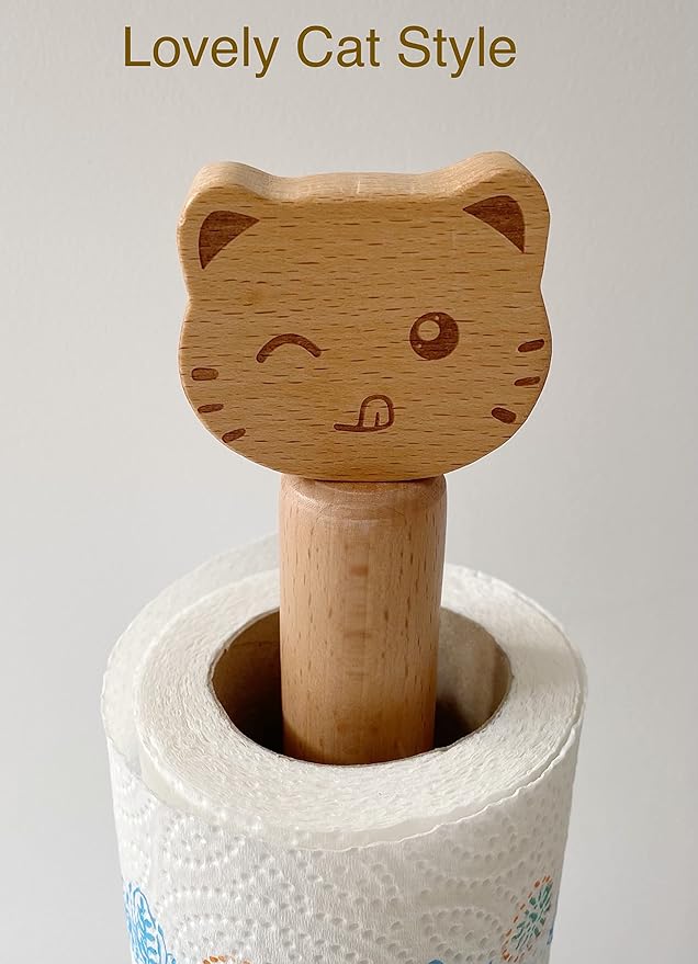 Cute Paper Towel Holder, Wooden Kitchen Roll Stand Organizer Free Standing, Housewarming Gift Present for Friends