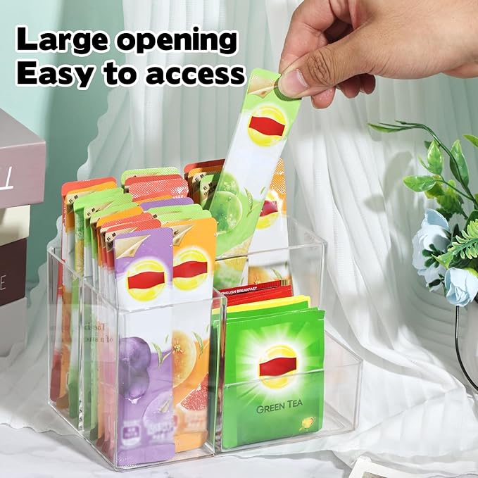 Water drink Packet Holder, Drink Packet Organizer, Water Flavor Packet Storage Container, Acrylic Water Flavor Storage Basket with Dividers for Storage Bins for Refrigerator Pantry Bins Cabinets