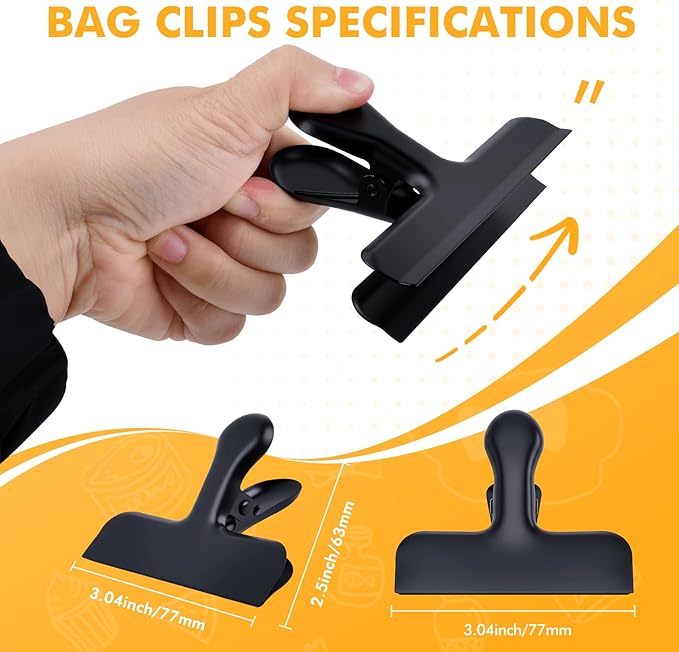 Chip Clips, 12Pcs Black Metal Bag Clips for Food Packages, Snack Chip Clip for Bags, Kitchen Snack Bag Clip for Food Packages and Office Home, 3 Inches