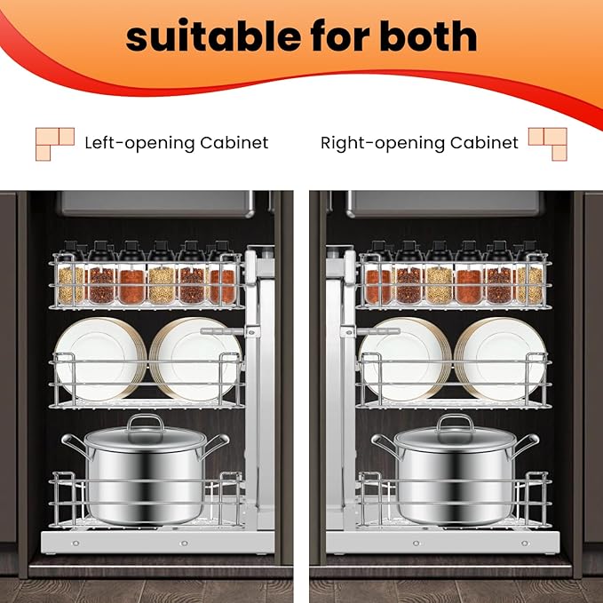 Blind Corner Pull Out Organizer, Min Opening 17", Left Open & Right Open Compatible, 3-tier Pull-out Basket, Soft Close, Bottom Mount