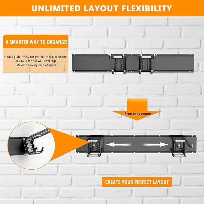 Garage Tool Organizer Wall Mount, 48 inch Garage Wall Organizer, 480lbs Sturdy Garden Tool Organizer with 6 Adjustable Hooks, for Yard, Shed, Basement, Workshop(Black)