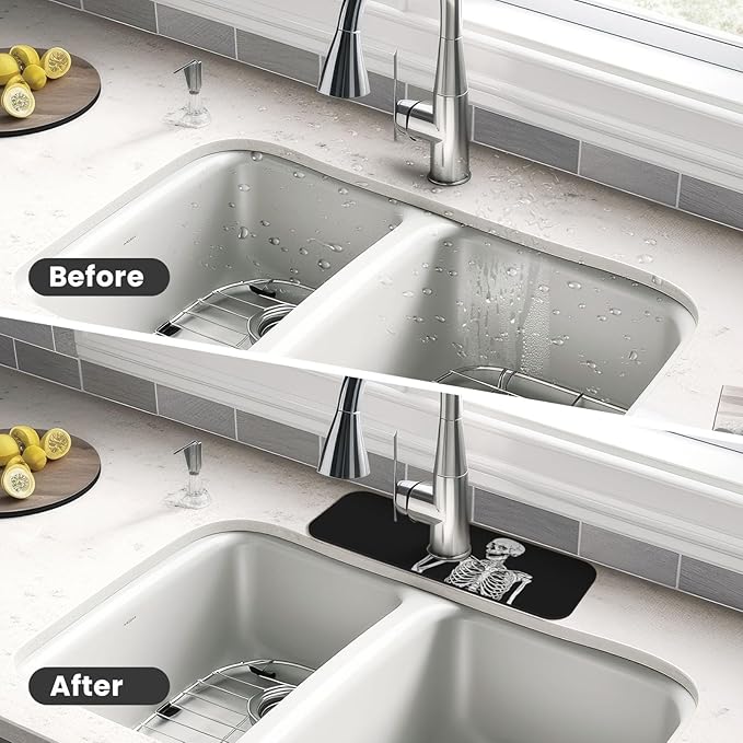 Black Funny Skull Human Skeleton Halloween Kitchen Sink Splash Guard Faucet Mat Super Absorbent Fast Drying Mat Sink Gadgets-Fast Drying Pad Sink Mat For Kitchen Bathroom (15" X 5.5" )
