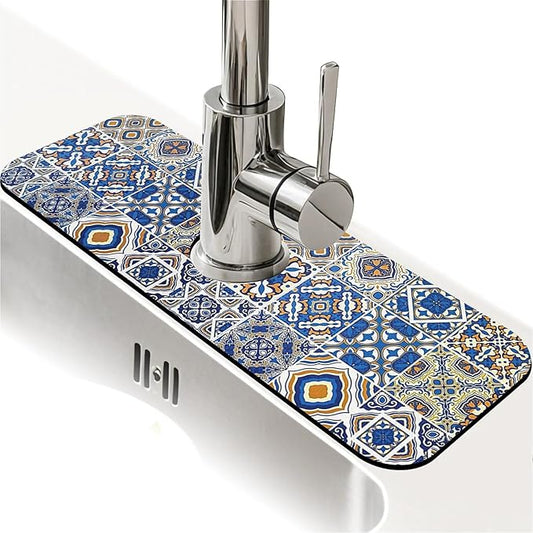 Kitchen Sink Splash Guard，Traditional Moroccan tiles Faucet Mat Sink Gadgets-Super Absorbent Fast Drying Mat Drip Catcher for Kitchen, Bathroom,Sink Mat, Dish Drying Mat, Bathroom(15" X 5.5" )