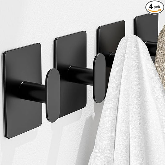 pickpiff Adhesive Towel Hooks for Bathroom: 20LB Extra Strong Wall Hanger for Shower Kitchen RV Dorm Apartment, Black 4 Pack