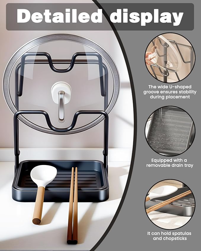 Pot Lid Organizer Holder Rack for While Cooking Under Cabinet Crockpot Pan and Storage Crock Spoon Rest with Kitchen Top Double U-Shaped Slots Steel Countertop Counter Stainless Stand Drip Tray