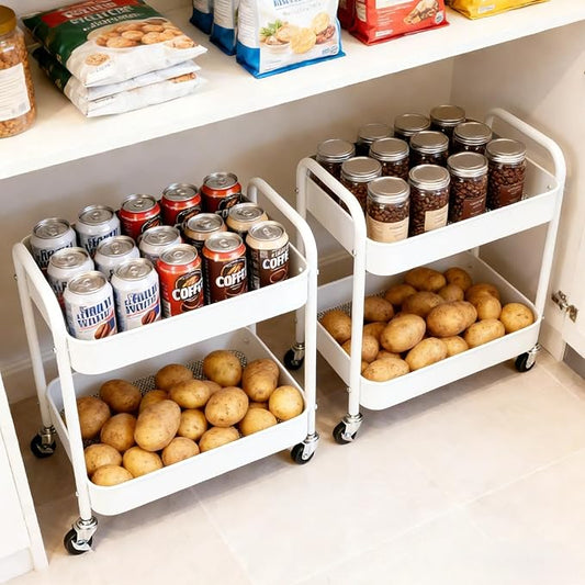 2 Pack Two Tier Rolling Cart with Wheels Small Pantry Floor Organizer Under Desk Storage Metal Short Utility Cart for Small Space, Kitchen Shelf Laundry Room Bathroom Organization, White