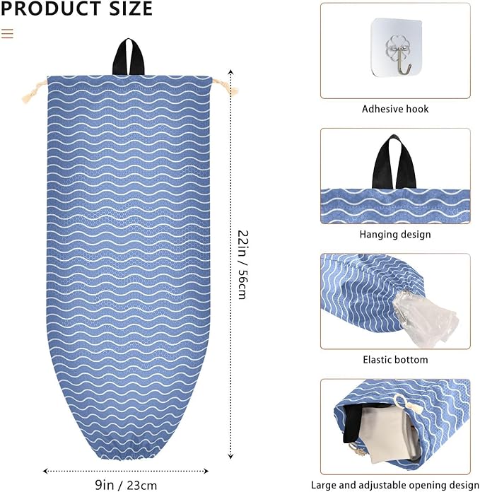 1 PC Plastic Bag Holder Wall Mount Grocery Bag Holder Shopping Bag Trash Bag Storage Organizer Dispenser for Kitchen Closet 22 x 9 Inch Blue Wavy Lines