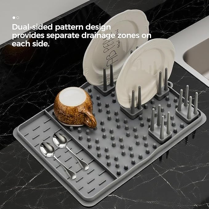 15.75"x11.18" Silicone Dish Drying Mat for Kitchen Counter, Quick Dry Dish Mat with Dish Rack and Dual-Sided Independent Zones, Multiple Usage Kitchen Drying Mat with Hanging Hook for Home