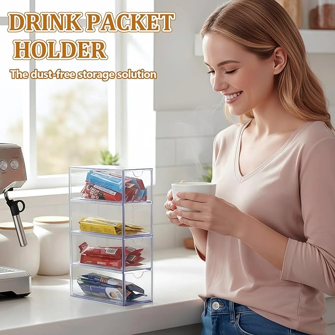 Drink Packet Organizer, Water Packet Holder with 4 Clear Drawers, Clear Acrylic Drink Mix Holder, Kitchen Storage Organizers for Kitchen Bins Cabinets Organizer