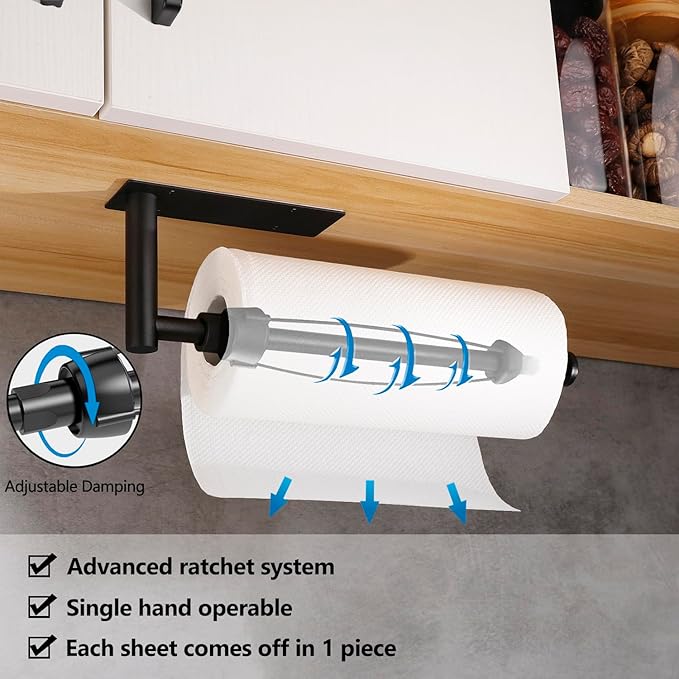 Black Paper Towel Holder Under Cabinet, Single Hand Operable Wall Mount Paper Towel Roll Holder with Damping Effect, Self-Adhesive or Drilled for Kitchen Bathroom, SUS304 Stainless Steel