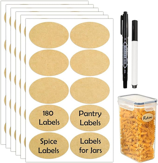 JIEHENG 180Pcs Chalkboard Labels for Jars, Waterproof Reusable Blackboard Stickers with 2 Liquid Chalk Markers, Organization Labels Removable (Brown, Round)