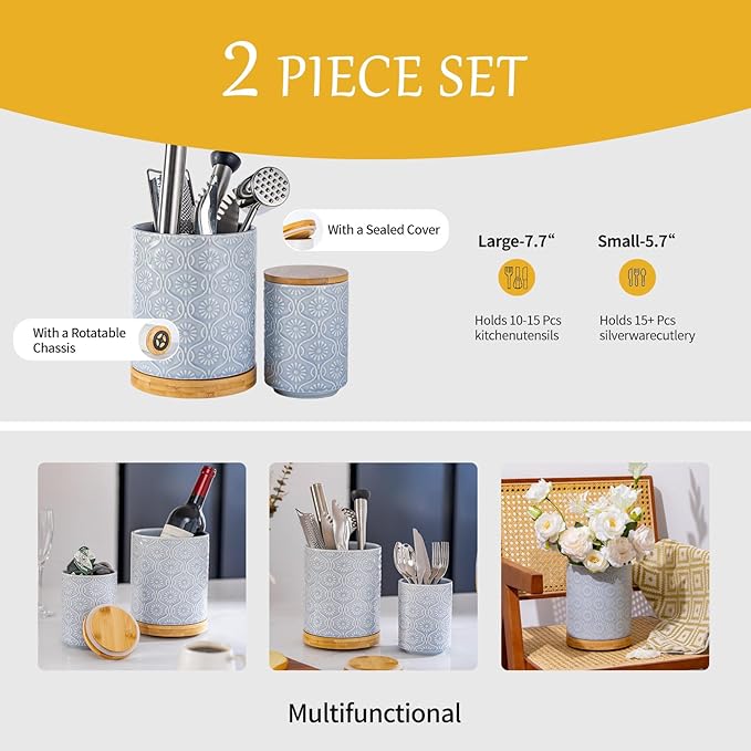 TEATALK Utensil Holder Set of 2, 7.7"+5.7" Ceramic Kitchen Utensil Holder for Countertop, Farmhouse Vintage Utensil Crock, 360° Rotating Large Utensil Organizer, Light Blue