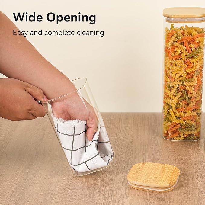 6 Pack Glass Pantry Storage Jars - 37oz Airtight Food Storage Containers Set with Bamboo Lid Labels, Square Kitchen Pantry Canister Organizers for Cookies Candy Coffee Bean Sugar Tea Spice Cereal