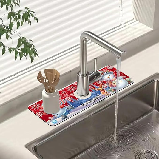 Chrismas Sink Splash Guard Faucet Mat Christmas Absorbent Fast Drying Mat Sink Gadgets Splash Guard Behind Faucet Drip Catcher for Kitchen Bathroom 15.5"X5.5"