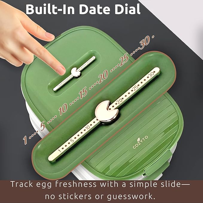 COZYTO Premium EggNest 2-Layer Egg Holder for Refrigerator – Stackable Egg Storage Tray with Sliding Date Dial Lid | Holds 44 Eggs | BPA-Free, Durable & Space-Saving (Green Lid & Transparent Box)