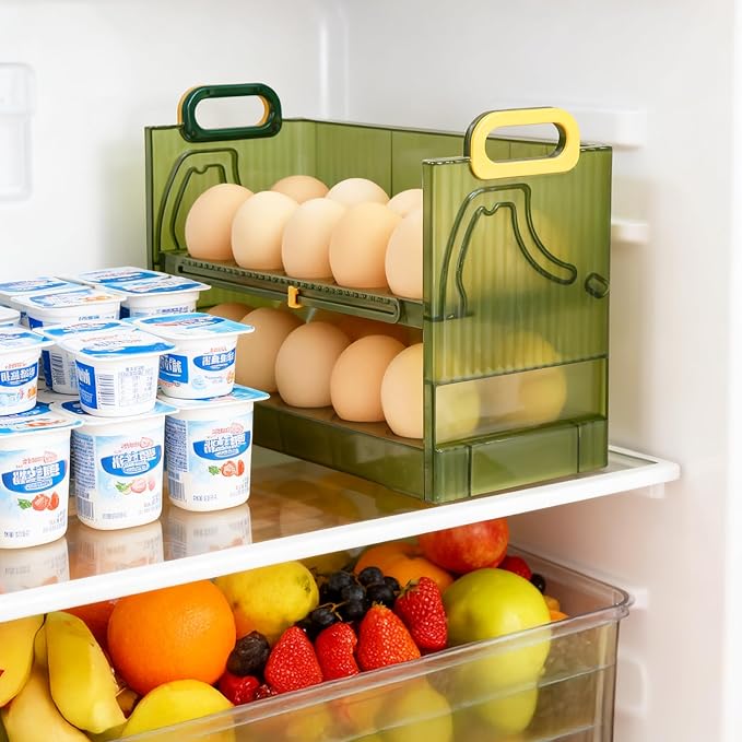 20 Egg Holder for Fridge, 2 Tiers Clear Stackable Stand Tray with Drawer for Refrigerator, Can See Freshness in a Timed Manner, for Refrigerator, Countertop with Handle