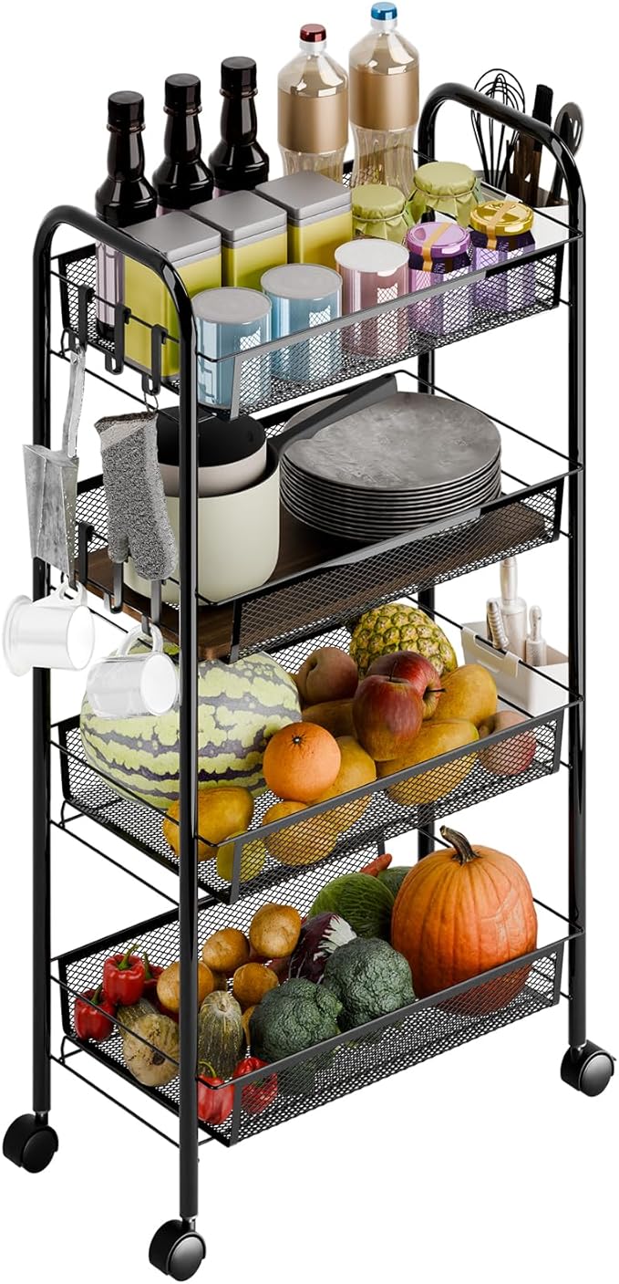 Snack Cart with Wheels Fruit Vegetable Basket Storage Cart 4 Tier Stackable Metal Basket with 360 Degree Wheels 41 Inch High Kitchen Storage Pantry Bathroom (Black 4-Layers)