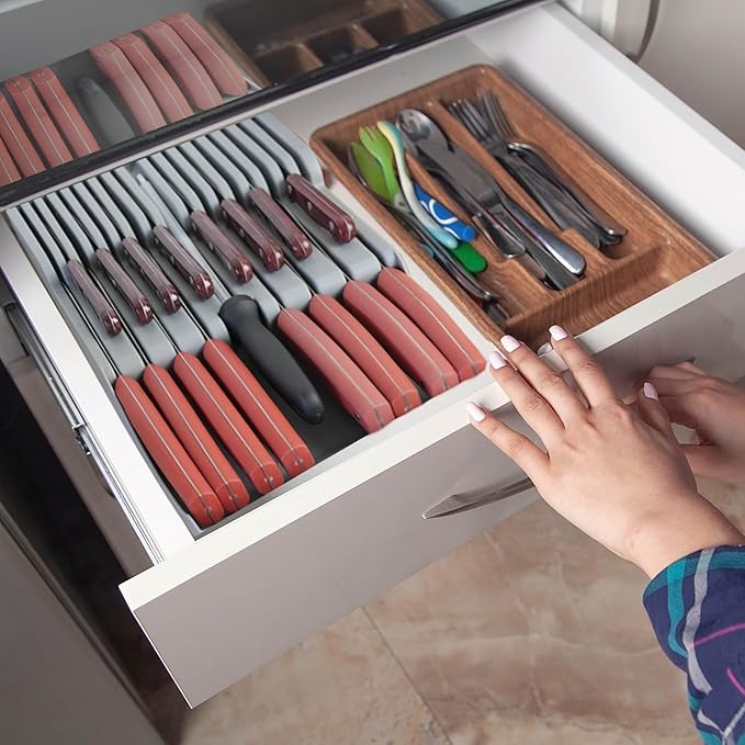 Knife Holder, In Drawer Knife Block Holder with Expandable Cutlery Tray Kitchen Drawer Organizer Insert-Holds 11 Knives for Save Space & Kitchen Safety (16 holder, Polypropylene (PP))