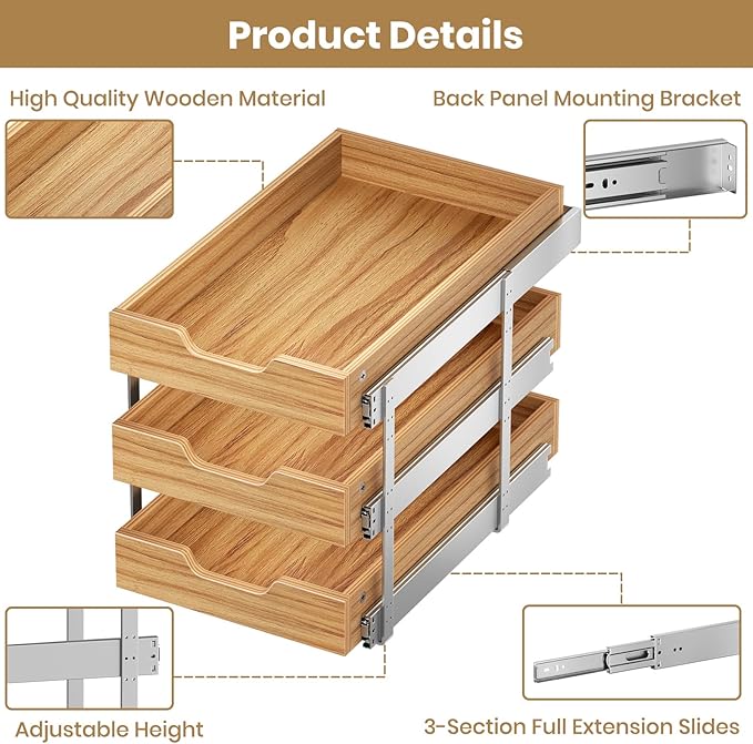 ROOMTEC 3 Tier Pull Out Cabinet Organizer, Heavy-Duty Pull Out Drawer, Slide Out Wood Shelf for Cabinets, Base Cabinet Organization for Pantry, Bathroom (12½"Wx21 D)