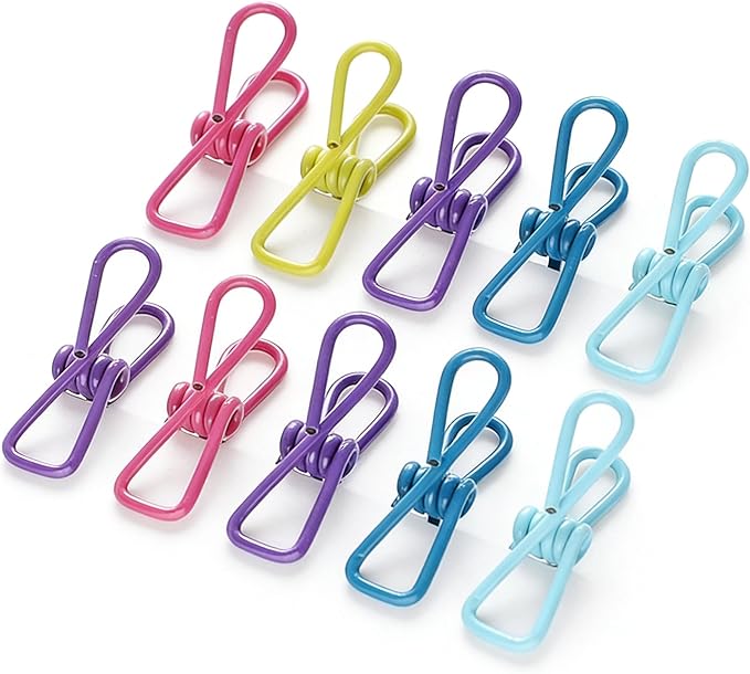 10 Pack Chip Clips, Bag Clips, Clothes Pins | Reusable Metal Heavy Duty PVC-Coated Wire Utility Food Clip for Kitchen, Laundry Clothespins, Office | Rustproof Waterproof Durable | Assorted Colors