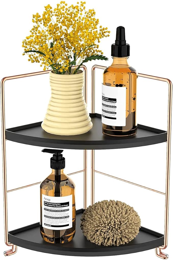 Kitchen Spice Rack Standing Shelf, 2-Tier Corner Storage Shelf, Bathroom Countertop Organizer, Vanity Tray Cosmetic & Makeup Storage,Rose Gold&Black