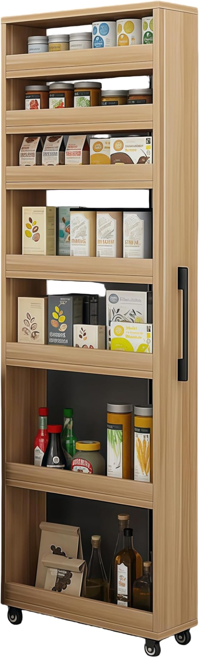 7 Tier Slim Rolling Storage Cart with Wheels, Narrow Storage Cabinet for Small Spaces, Mobile Spice Rack Organizer for Kitchen, Pantry, Baking Room, Dining Room(Wood,9.8"x19.7"x72.4")