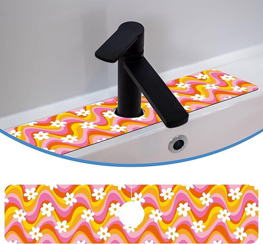 Faucet Mat Splash Guard Retro Floral Daisy, Soft Diatom Mud Material, Strong Water Absorption, Non-slip,Easy to Clean for Bathroom, Kitchen 23.5"X5.5"