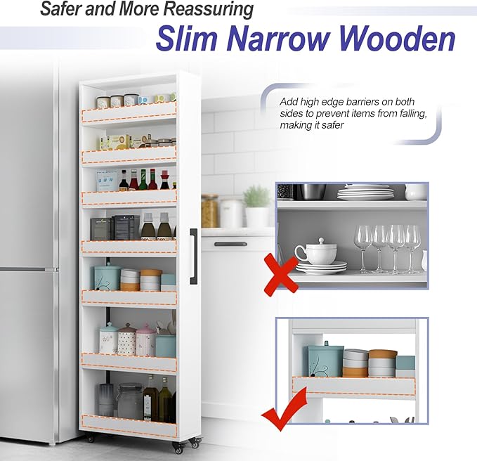 7-Tier Slim Storage Cart, Wooden Rolling Pantry Cabinet with Wheels, Narrow Shelf Organizer for Kitchen, Bakers Rack, Dining Room, Closet, Small Spaces Warm White 73.2‘’H*5.9''W*19.6''D