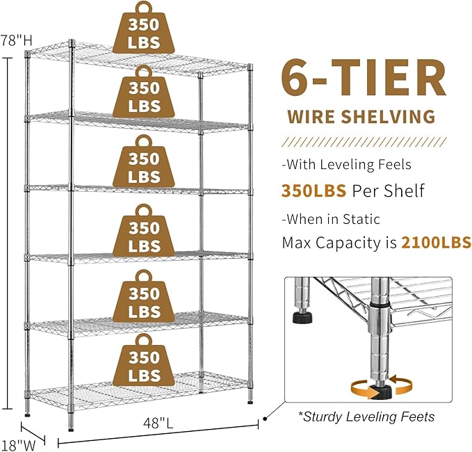 6-Tier Storage Shelves 48" x 18" x 82" Heavy Duty Metal Shelving Unit 2100Lb Capacity Adjustable Storage Racks with Wheels NSF Garage Wire Shelf for Basement Commercial, Chrome