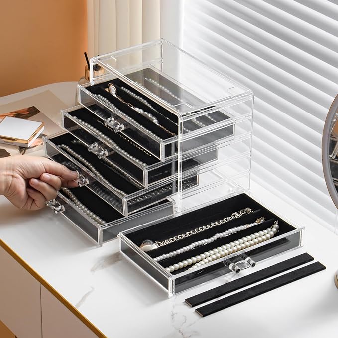 Necklace Holder Organizer, Dustproof Necklace Box Velvet Necklace Organizer Box with Lid Clear Acrylic Dustproof Stackable Jewelry Displays for Necklaces Chain Display (Black, 5 Drawer)
