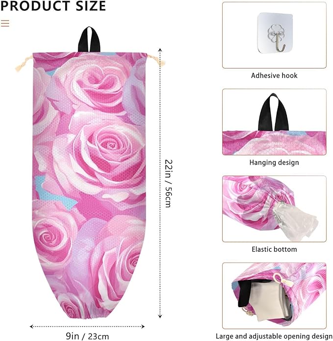 Plastic Bag Holder Wall Mount Grocery Bag Shopping Bag Storage Holder Organizer Dispenser with Adhesive Hook,for Kitchen Bathroom Home Decor 9x22 Inches Watercolor Roses Pink29
